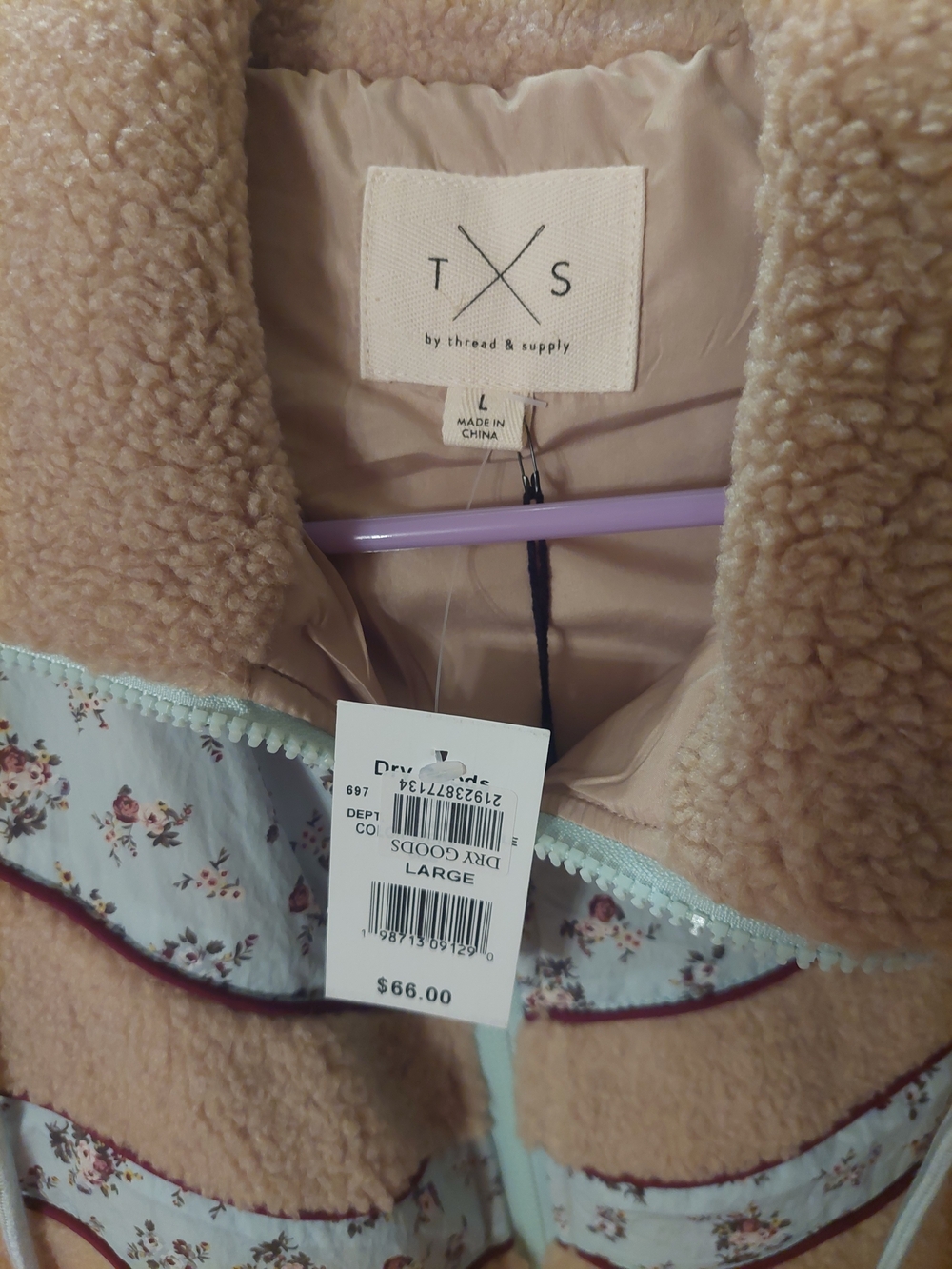 Thread & Supply Tan Sherpa Zip Jacket with Light Blue Floral Accents - Picture 2 of 3